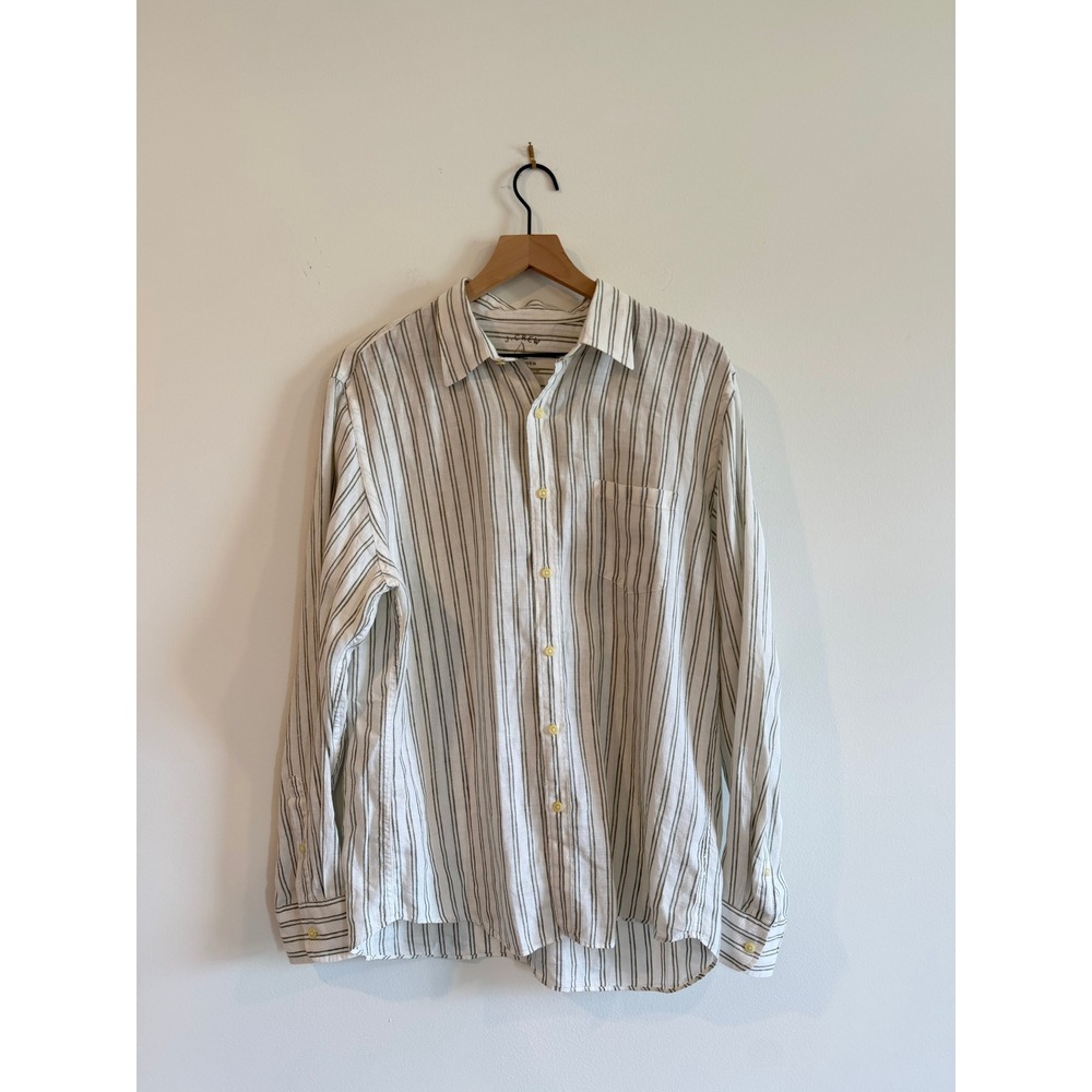 J.Crew Mens Irish Linen Striped Long Sleeve Button Down Shirt Large Green White